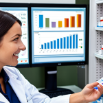 ** A pharmacist looking at a computer screen displaying complex data visualizations (graphs, charts, networks) related to drug interactions and patient responses. The pharmacist is smiling slightly, looking thoughtful and empowered. The setting is a modern, clean pharmacy with shelves of medications in the background, subtly blurred. Focus on conveying a sense of data-driven insight and improved patient care.

**