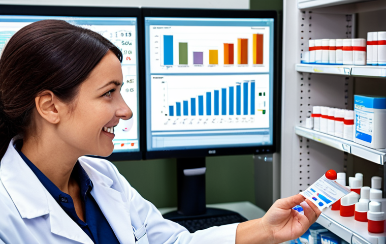 ** A pharmacist looking at a computer screen displaying complex data visualizations (graphs, charts, networks) related to drug interactions and patient responses. The pharmacist is smiling slightly, looking thoughtful and empowered. The setting is a modern, clean pharmacy with shelves of medications in the background, subtly blurred. Focus on conveying a sense of data-driven insight and improved patient care.
**
