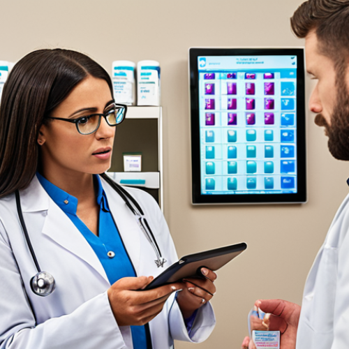 Home 18 **
A modern pharmacist counseling a patient about medication. Focus on clear communication, showing the pharmacist explaining dosage and potential side effects. Consider a setting that suggests a community pharmacy or clinic. Include visual elements representing modern technology like a tablet displaying drug information.
**