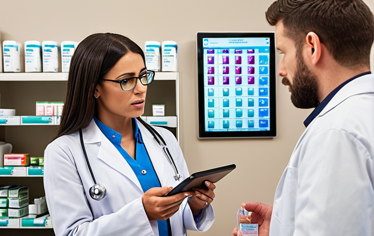 **
A modern pharmacist counseling a patient about medication. Focus on clear communication, showing the pharmacist explaining dosage and potential side effects. Consider a setting that suggests a community pharmacy or clinic. Include visual elements representing modern technology like a tablet displaying drug information.
**