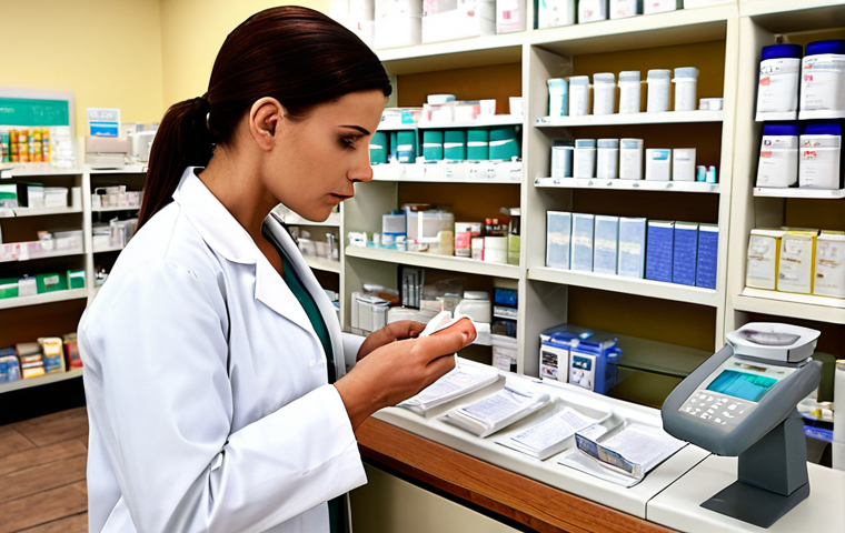 **Pharmacist verifying a prescription**: A pharmacist carefully examining a prescription at a pharmacy counter, ensuring correct dosage and medication details. Focus on accuracy and patient safety.