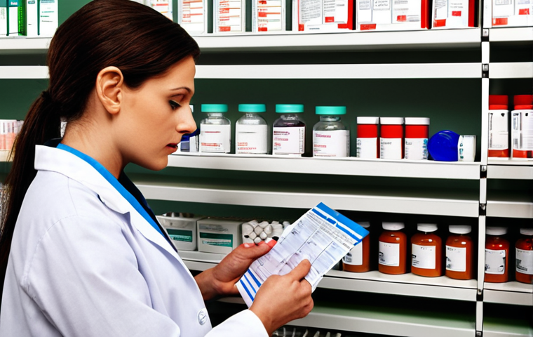 **
A pharmacist carefully reviewing a prescription, paying close attention to the dosage instructions. The background should include shelves stocked with medication, with a focus on ensuring the correct dosage for the patient. Emphasize the importance of verifying the dose, considering patient age and potential interactions.
**