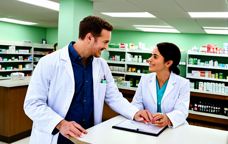 **

"A pharmacist, fully clothed in a professional lab coat, counseling a patient (also fully clothed) at a pharmacy counter, appropriate content, safe for work, perfect anatomy, natural pose, modest attire, well-lit pharmacy interior, friendly atmosphere, high quality photo."

**