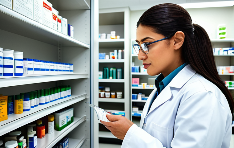 약사 실무 필수 기술 - "A professional pharmacist, fully clothed in a modest lab coat, assisting a patient with a prescript...