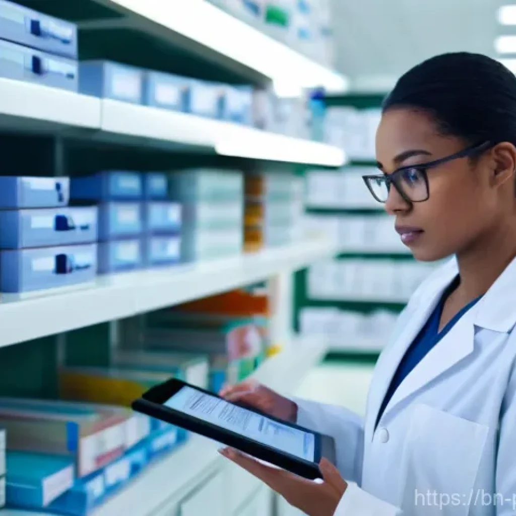 약사 약물 연구에서의 데이터 품질 - **Prompt 1: Focused Pharmacist Ensuring Data Accuracy**
"A mid-30s female pharmacist, dressed in...