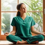 약사 직업 스트레스 해소 방법 - **A female pharmacist enjoying a peaceful moment of self-care at home.** She is seated comfortably o...