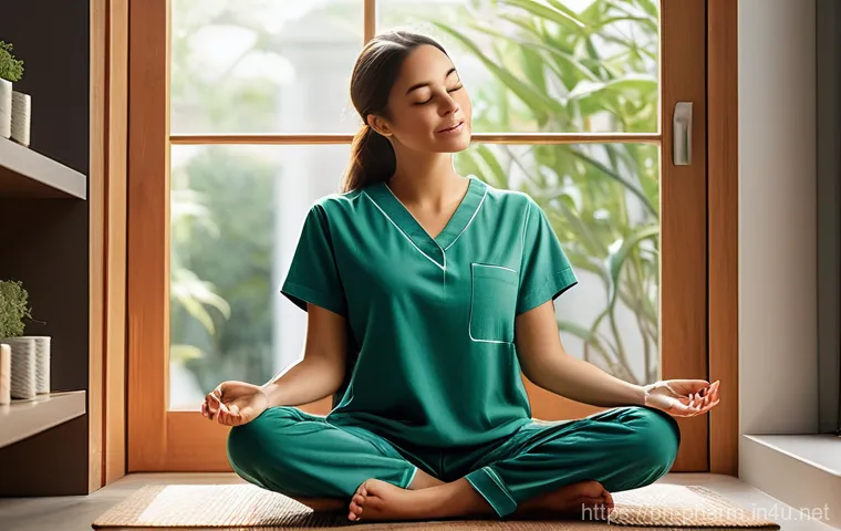 약사 직업 스트레스 해소 방법 - **A female pharmacist enjoying a peaceful moment of self-care at home.** She is seated comfortably o...