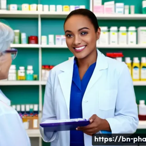 Home 27 약사 연봉 협상 팁 - A professional and empathetic female pharmacist, dressed in a clean white lab coat over smart casual...