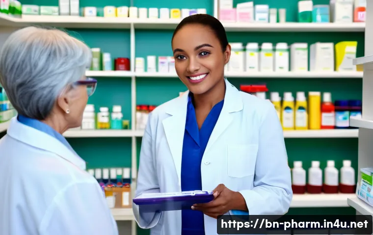 약사 연봉 협상 팁 - A professional and empathetic female pharmacist, dressed in a clean white lab coat over smart casual...