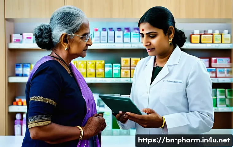 약사 병용금기 약물 사례 - **Prompt:** A compassionate female pharmacist, professionally dressed in a white lab coat, stands be...