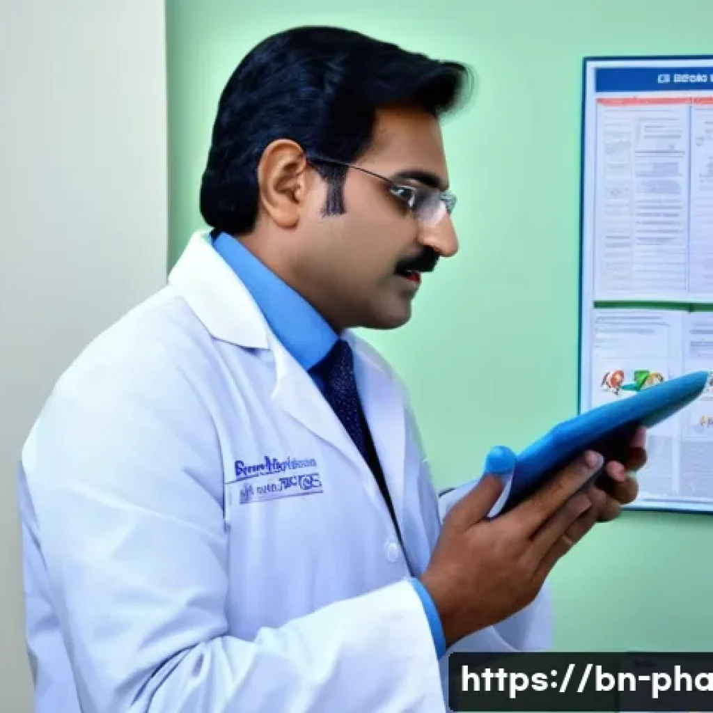약사들이 알아야 할 최신 약물 리스트 - A detailed, professional clinical setting featuring a South Asian Bengali doctor in a white lab coat...