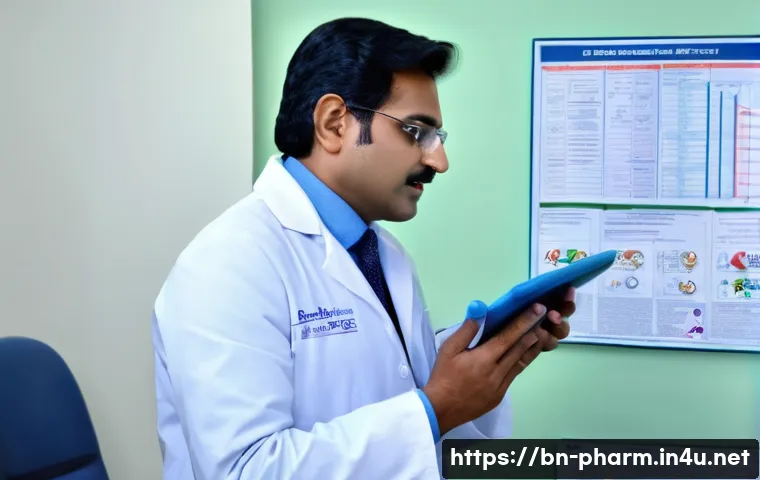약사들이 알아야 할 최신 약물 리스트 - A detailed, professional clinical setting featuring a South Asian Bengali doctor in a white lab coat...
