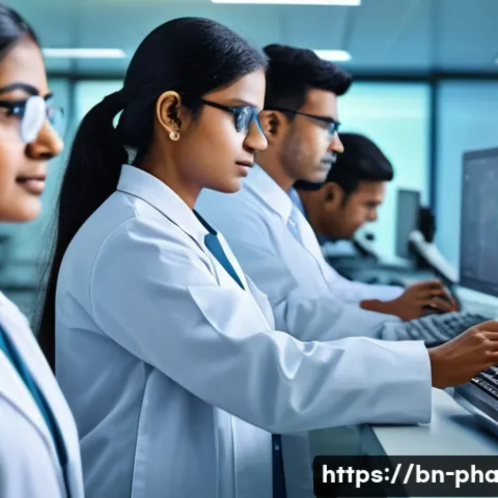약사 신약 개발 과정 이해 - A detailed scientific laboratory scene showing a diverse group of Bengali researchers in modern lab ...
