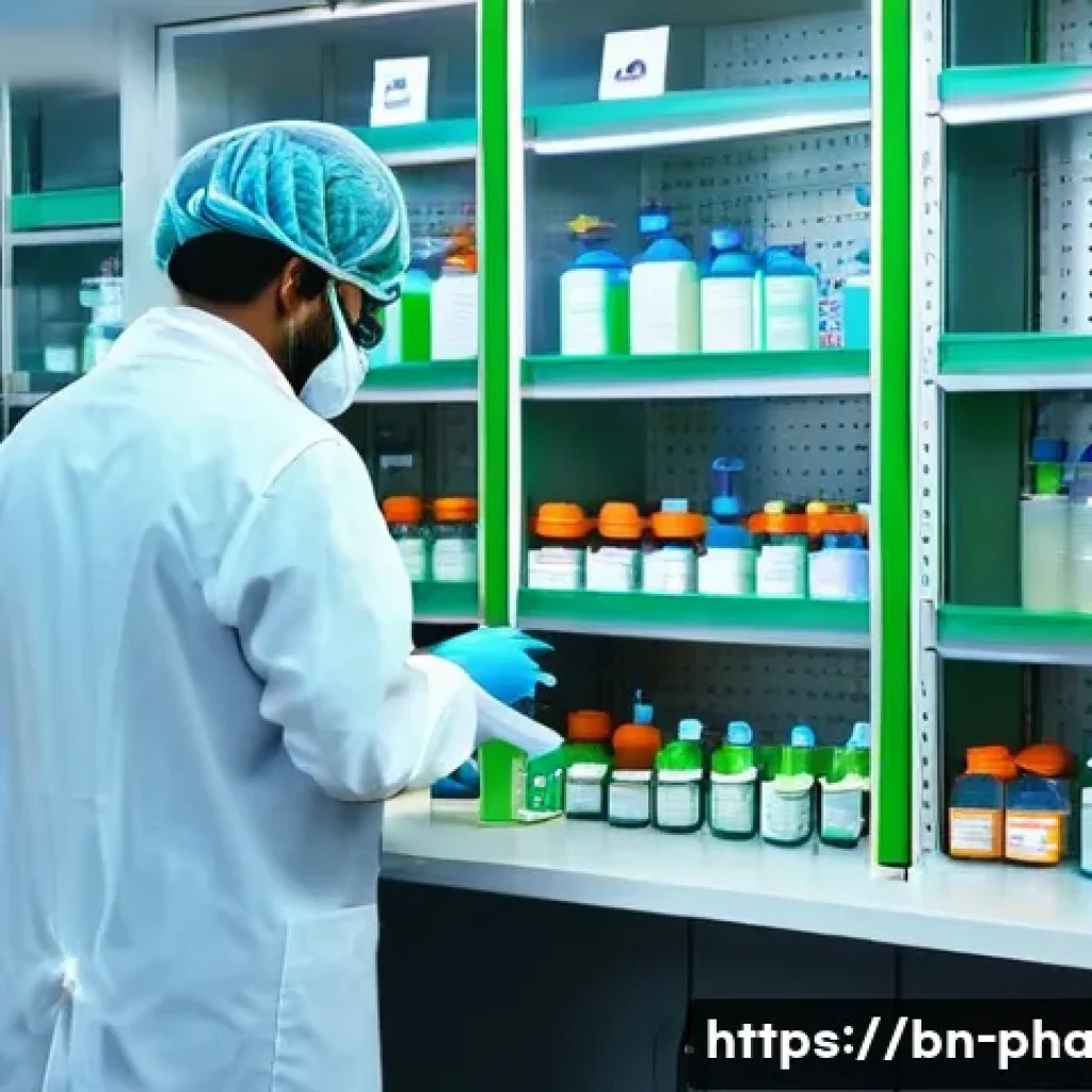 약사 직업 위험 요소 관리 - A detailed scene inside a modern pharmacy laboratory in Bangladesh, showing a Bengali pharmacist wea...