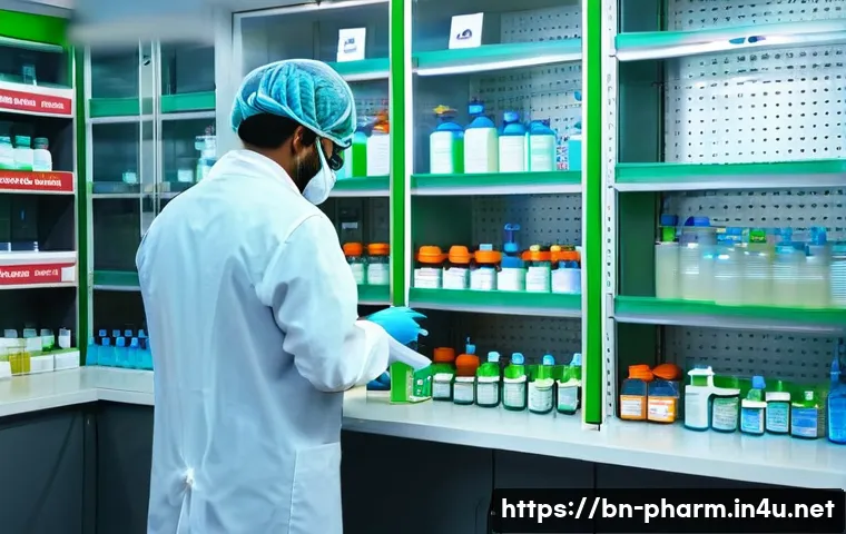 약사 직업 위험 요소 관리 - A detailed scene inside a modern pharmacy laboratory in Bangladesh, showing a Bengali pharmacist wea...