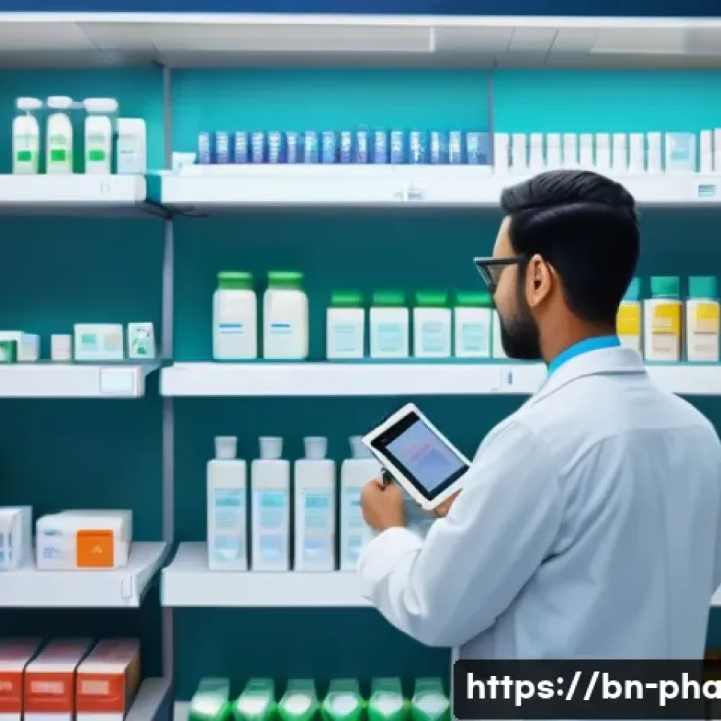 약사 약국 내 약물 관리 자동화 - A modern pharmacy interior with advanced digital inventory management system screens displaying real...