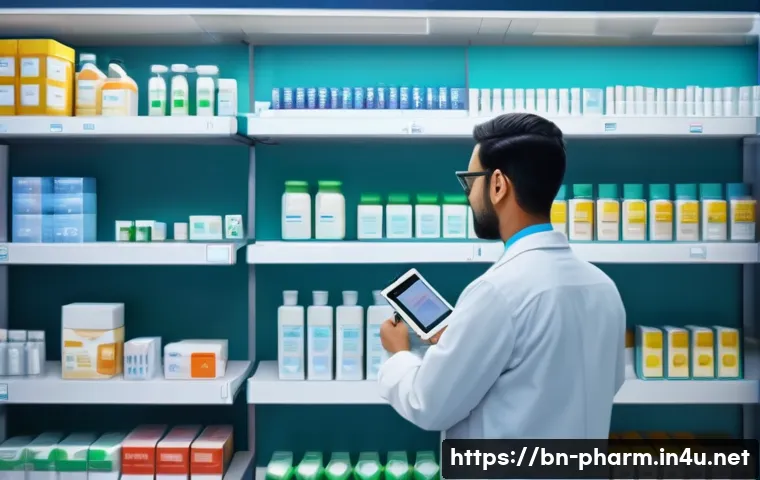 약사 약국 내 약물 관리 자동화 - A modern pharmacy interior with advanced digital inventory management system screens displaying real...
