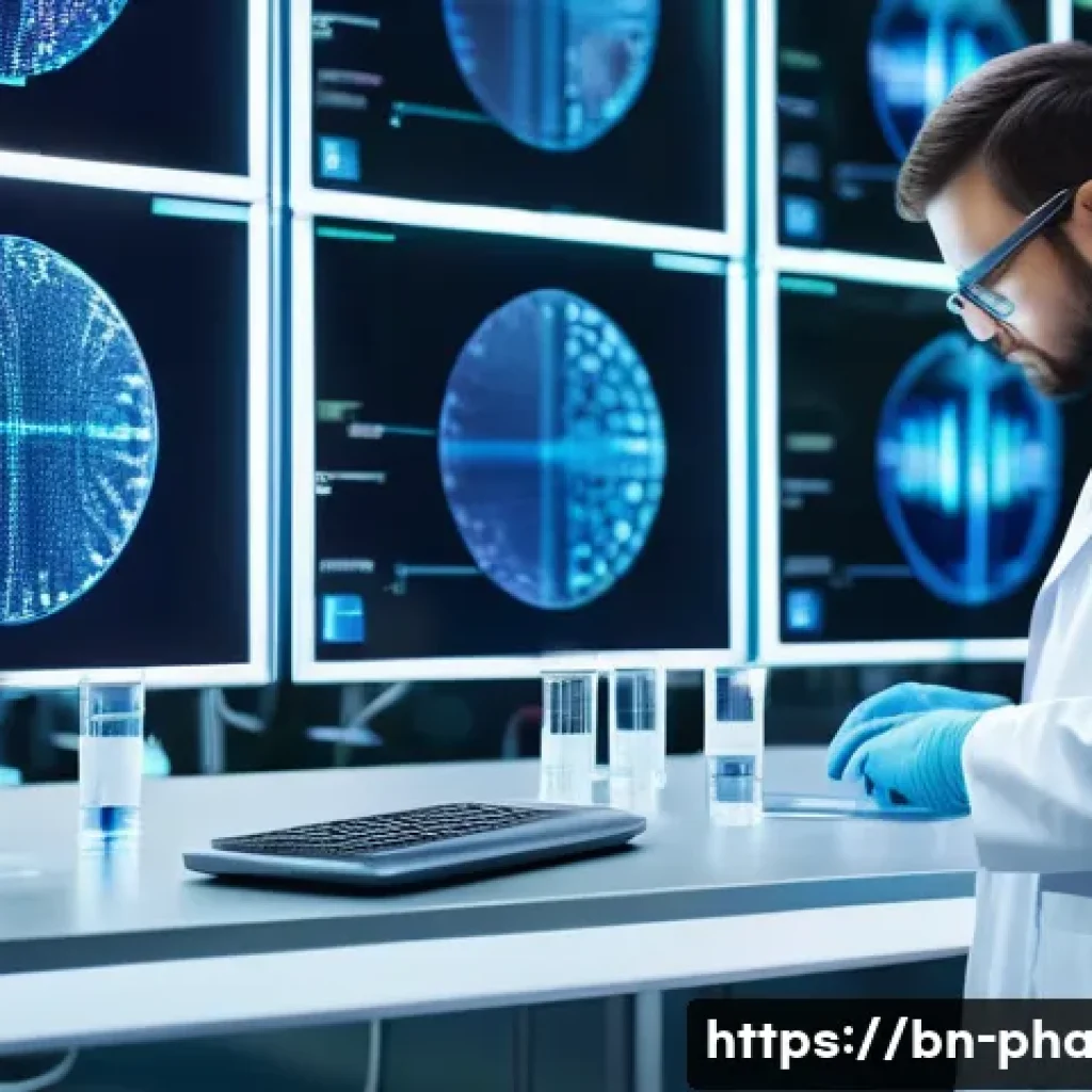 약사 약물 연구 최신 동향 - A high-tech laboratory scene showcasing advanced drug discovery using machine learning and nanotechn...