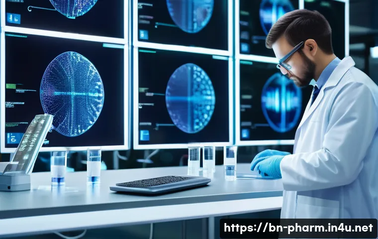 약사 약물 연구 최신 동향 - A high-tech laboratory scene showcasing advanced drug discovery using machine learning and nanotechn...