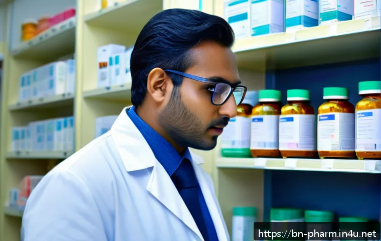 약사 약물 배합 실수 사례와 교훈 - A detailed, realistic pharmacy scene in a modern hospital setting showing a focused Bangladeshi phar...