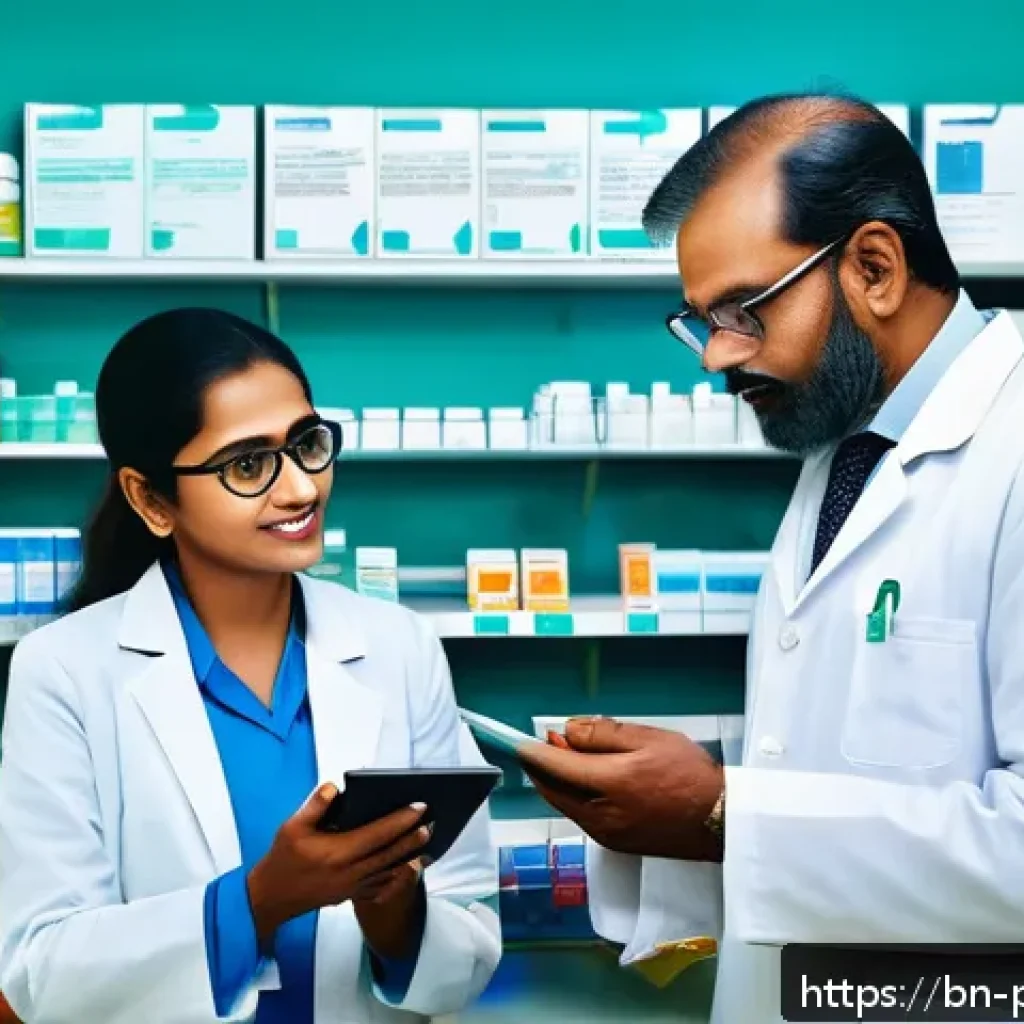 약사 직무와 해외 약국 비교 - A modern pharmacy scene in Bangladesh showing a pharmacist in professional attire, wearing a white c...