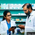 Home 19 약사 직무와 해외 약국 비교 - A modern pharmacy scene in Bangladesh showing a pharmacist in professional attire, wearing a white c...