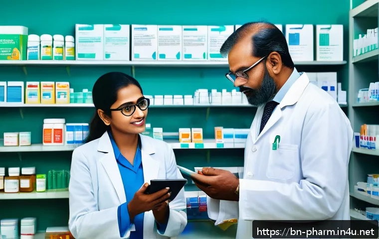 약사 직무와 해외 약국 비교 - A modern pharmacy scene in Bangladesh showing a pharmacist in professional attire, wearing a white c...