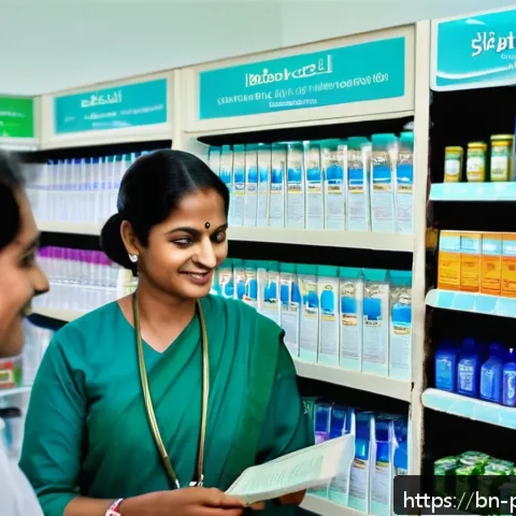 약사 약국 매출 증대 노하우 - A modern pharmacy interior in Bangladesh, featuring a friendly Bengali pharmacist wearing profession...