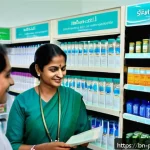 Home 18 약사 약국 매출 증대 노하우 - A modern pharmacy interior in Bangladesh, featuring a friendly Bengali pharmacist wearing profession...