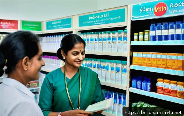 약사 약국 매출 증대 노하우 - A modern pharmacy interior in Bangladesh, featuring a friendly Bengali pharmacist wearing profession...