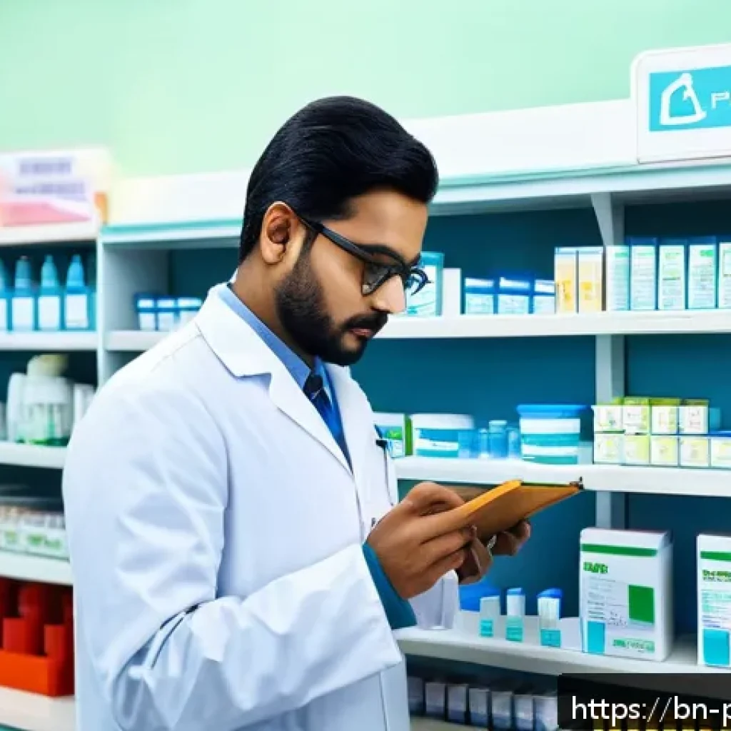 약사 약국 내 약물 관리 실수 예방 - A professional pharmacy scene showing a Bengali pharmacist carefully verifying medicine labels and p...