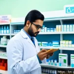 Home 23 약사 약국 내 약물 관리 실수 예방 - A professional pharmacy scene showing a Bengali pharmacist carefully verifying medicine labels and p...
