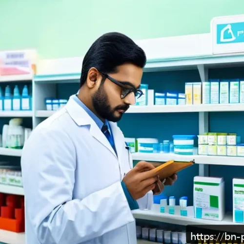 Home 17 약사 약국 내 약물 관리 실수 예방 - A professional pharmacy scene showing a Bengali pharmacist carefully verifying medicine labels and p...