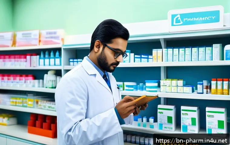 약사 약국 내 약물 관리 실수 예방 - A professional pharmacy scene showing a Bengali pharmacist carefully verifying medicine labels and p...