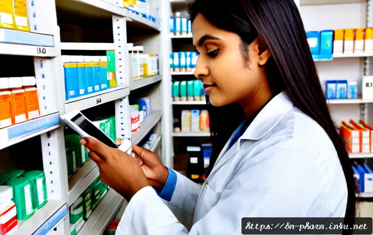 약사 약물 공급망 관리 방법 - Photorealistic community pharmacist in a clean modern pharmacy storeroom, carefully scanning unbrand...