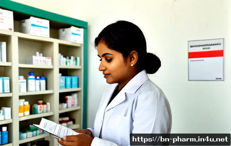 약사 처방 조제 절차 및 팁 - Photorealistic community pharmacy in Bangladesh, a professional pharmacist wearing a clean white coa...