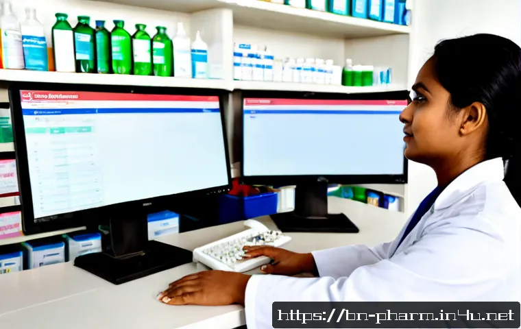 약사 실무에서 사용하는 프로그램 - Photorealistic modern community pharmacy in Bangladesh, a South Asian pharmacist in a clean white co...