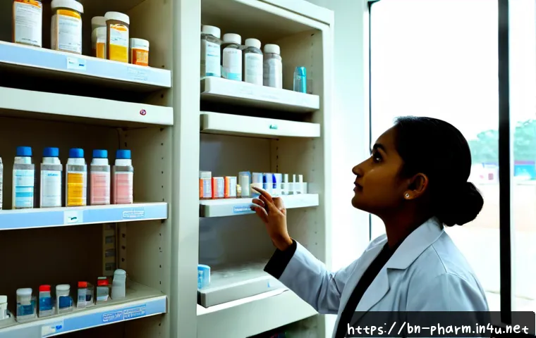 약사 약물 관리 자동화 기술 - Photorealistic modern pharmacy in Bangladesh, a professional pharmacist in a clean white coat monito...
