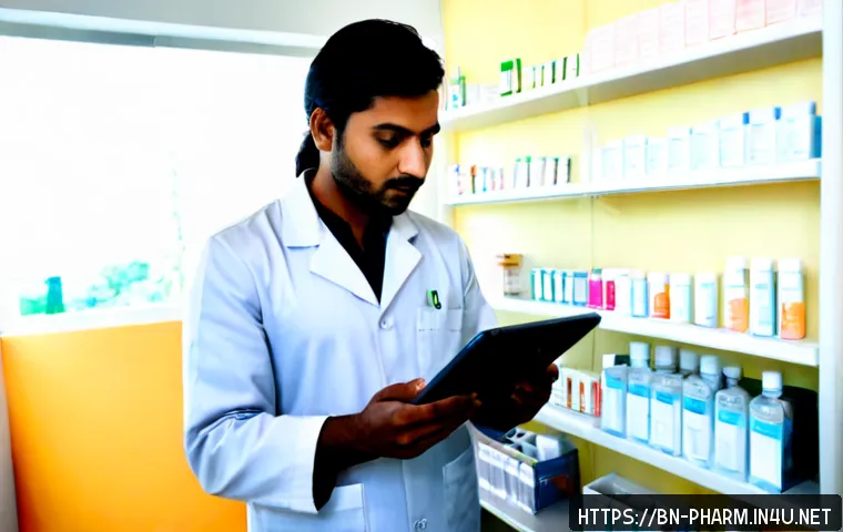 약사 약물 정보 업데이트 방법 - Photorealistic Bangladeshi pharmacist in a clean modern pharmacy consultation room, reviewing medici...